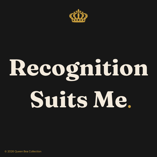 Recognition Suits Me sticker artwork, gold crown above cream serif type on a near-black ground