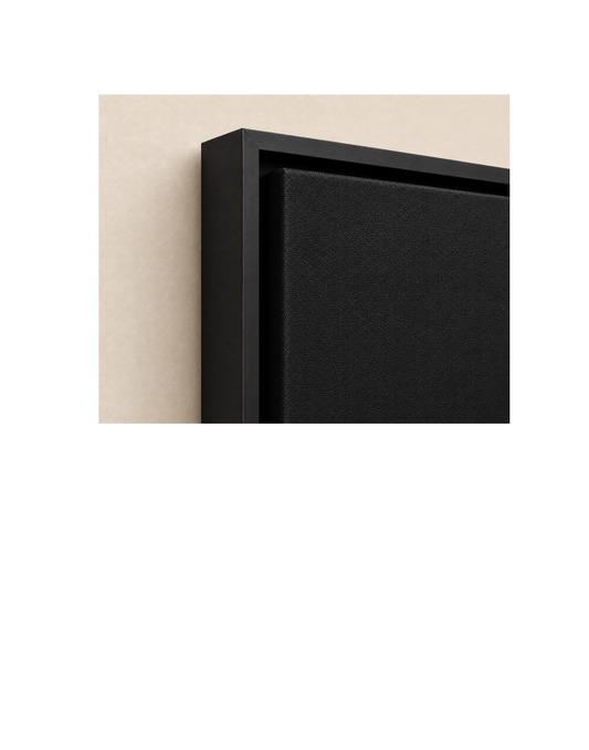Close-up of the black floating frame corner on the Recognition Suits Me canvas print, showing the canvas texture and frame depth