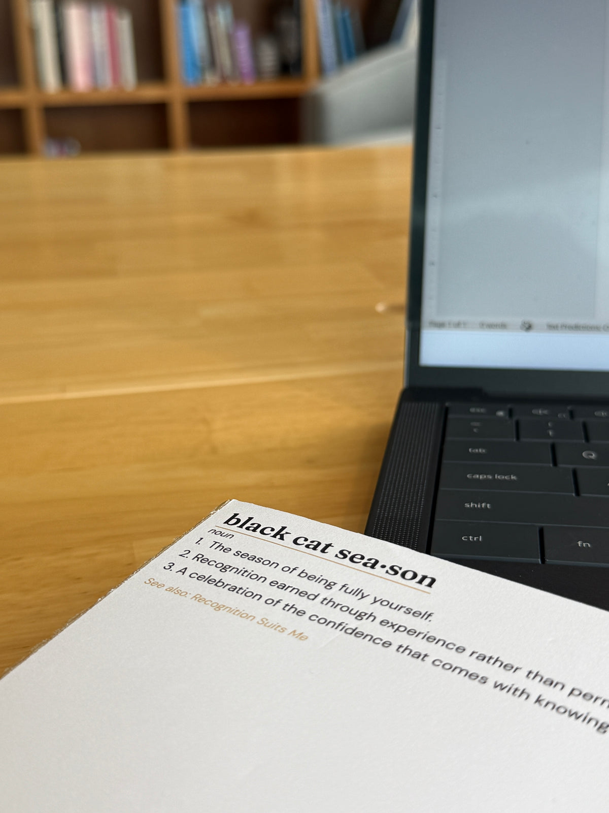 The Black Cat Season notepad with its printed definition, black cat season, noun