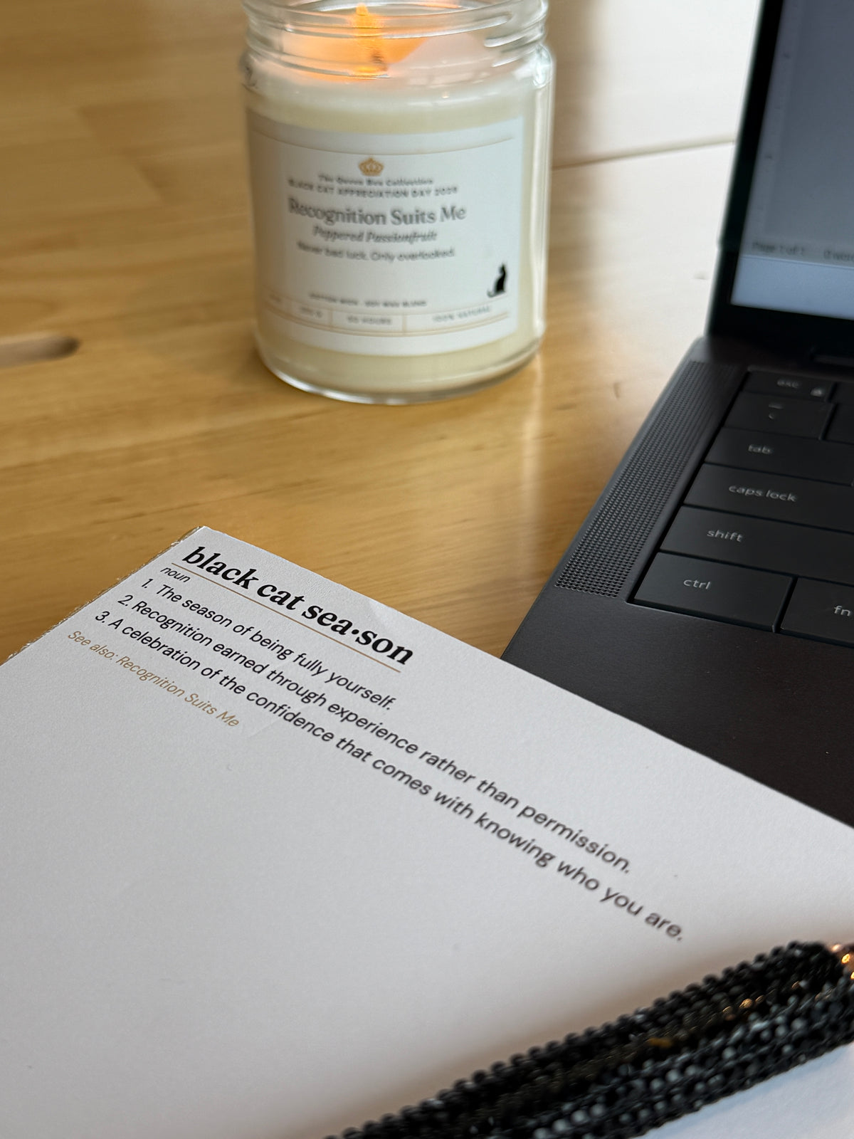 The Black Cat Season notepad on a desk, printed copy legible, laptop behind