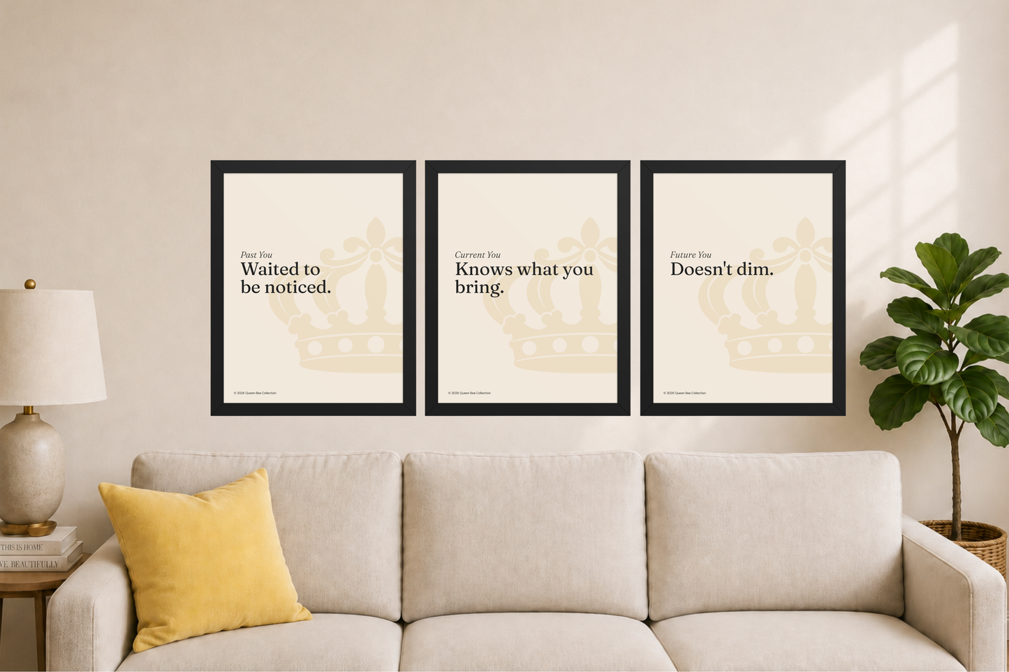 Future You Series Black Cat Season set of three 11x14 framed prints hung above a cream sofa — Past You Waited to be noticed, Current You Knows what you bring, Future You Doesn't dim