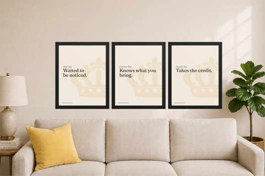 Future You Series Black Cat Season set of three 11x14 framed prints hung above a cream sofa — Past You Waited to be noticed, Current You Knows what you bring, Future You Takes the credit