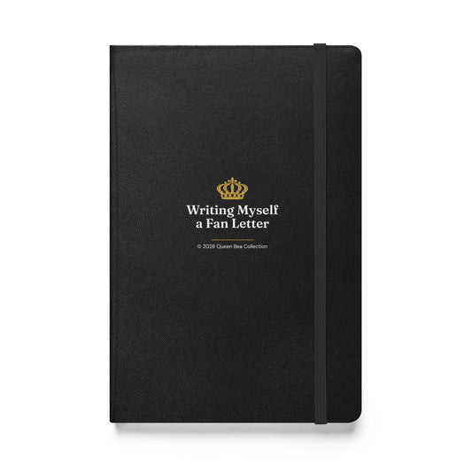 Writing Myself a Fan Letter hardcover journal in black, front cover with the Queen Bea crown in gold