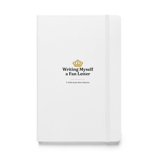 Writing Myself a Fan Letter hardcover journal in white, front cover with the Queen Bea crown