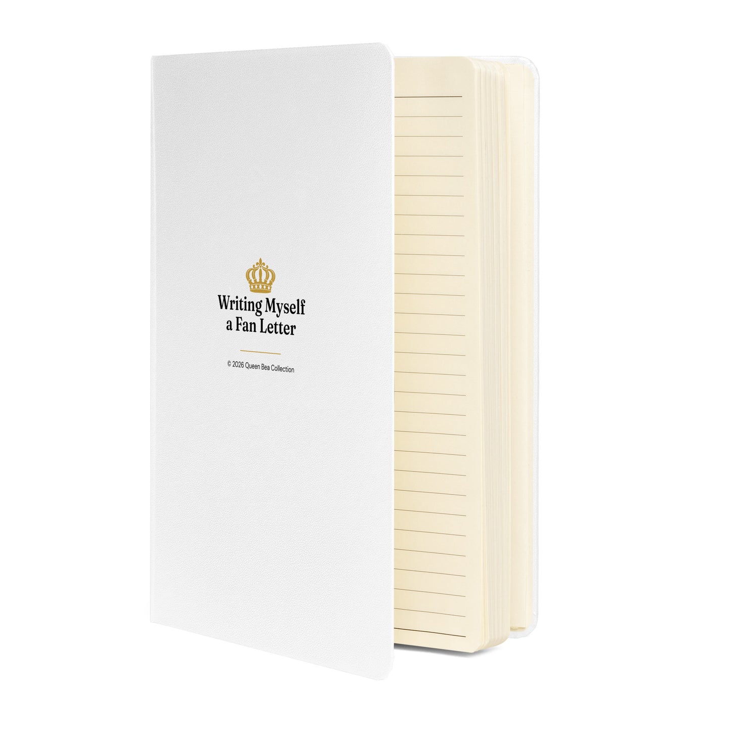 Writing Myself a Fan Letter journal in white standing upright, showing the cover and cream page edges