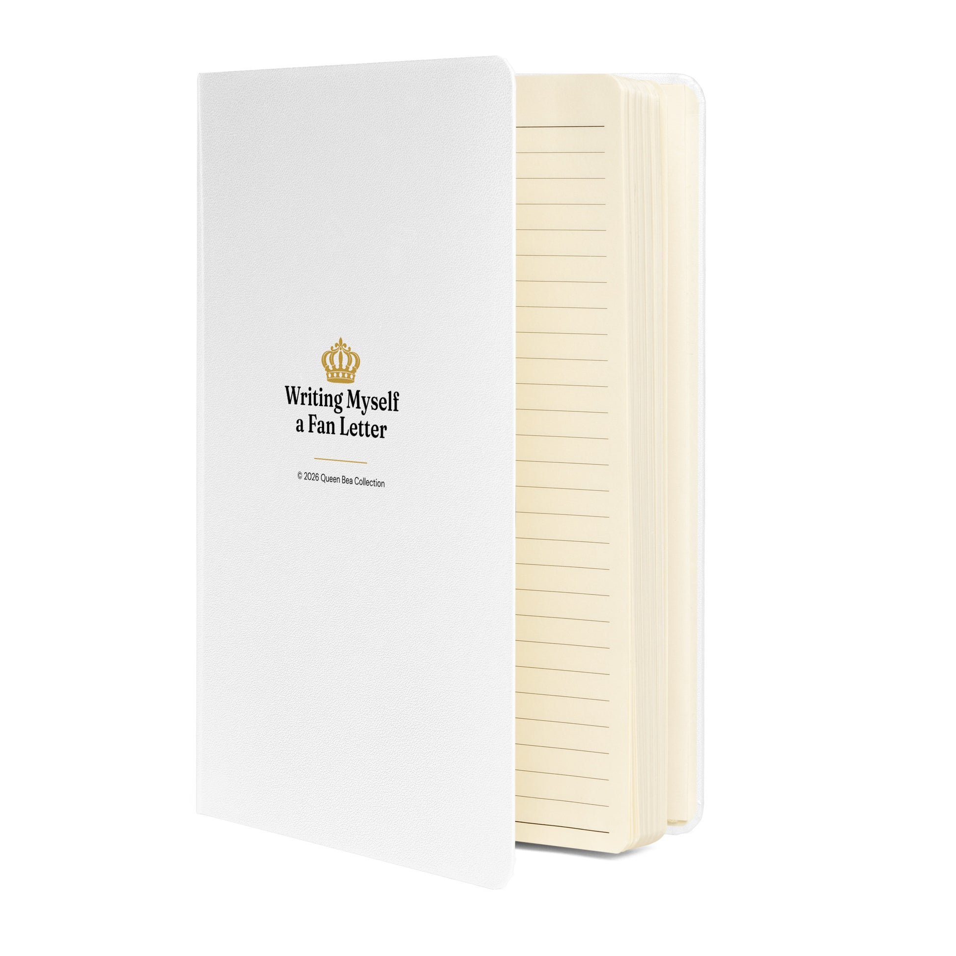 Writing Myself a Fan Letter journal in white standing upright, showing the cover and cream page edges