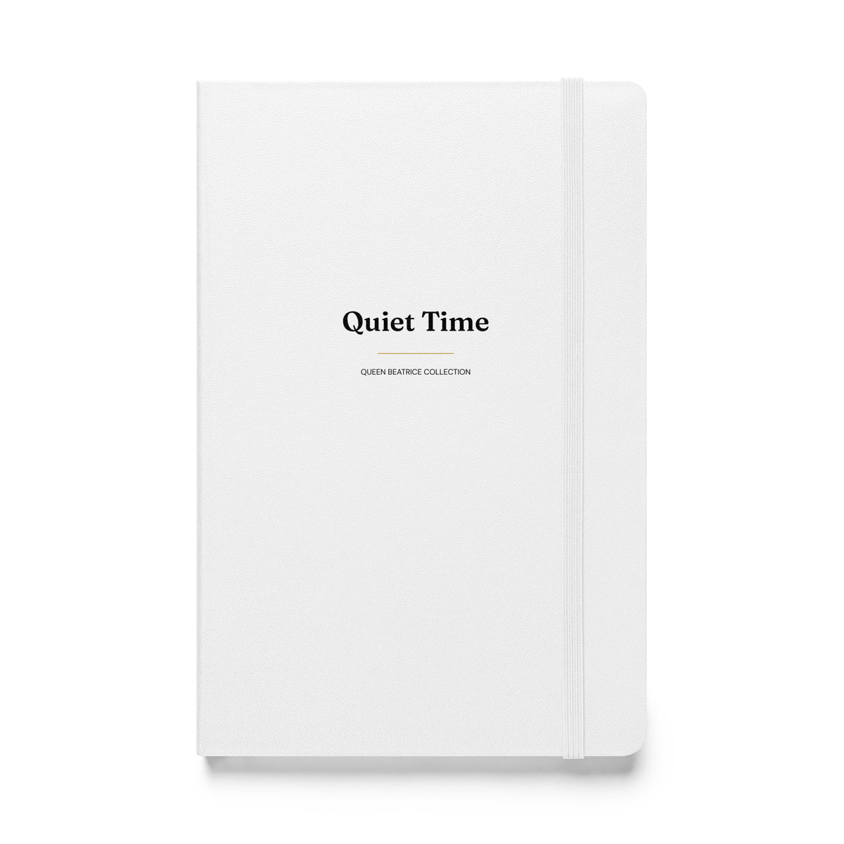 Quiet Time white hardcover journal, front cover with the title above a thin gold rule