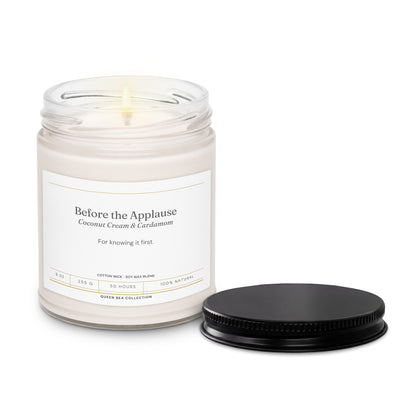 Before the Applause coconut cream and cardamom soy candle, front label