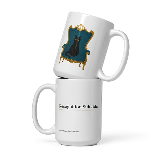 Recognition Suits Me 15 oz ceramic mug in white, Black Cat Season