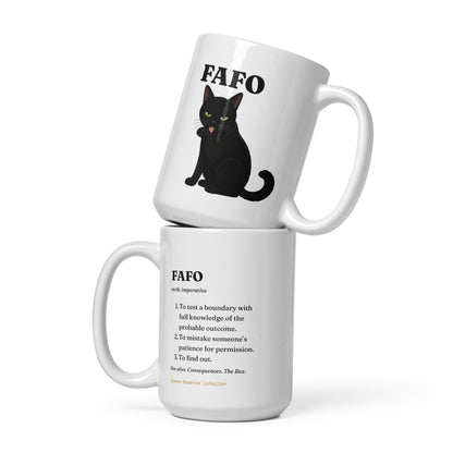 FAFO 15 oz white ceramic mug, front view, with the Queen Beatrice Collection black cat illustration and the FAFO definition