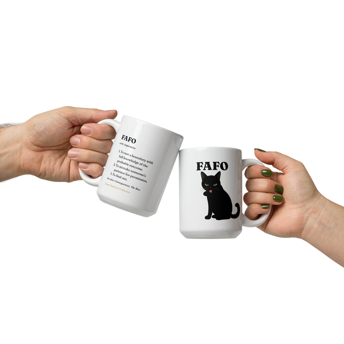 FAFO 15 oz white ceramic mug, straight-on front view of the full design