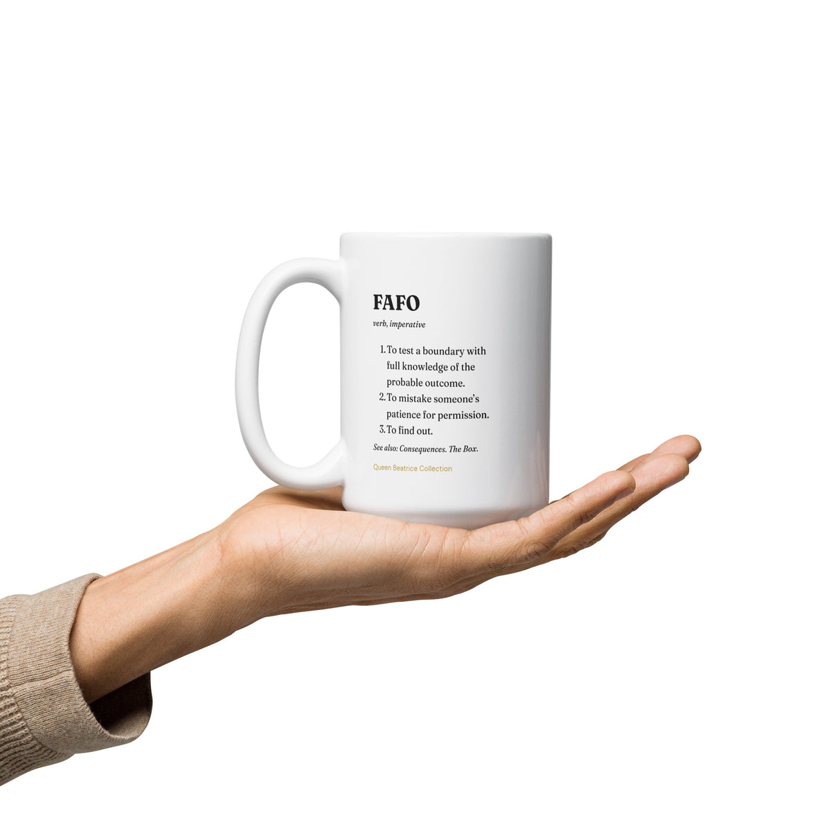 FAFO 15 oz white ceramic mug, handle on the left, showing the FAFO definition text