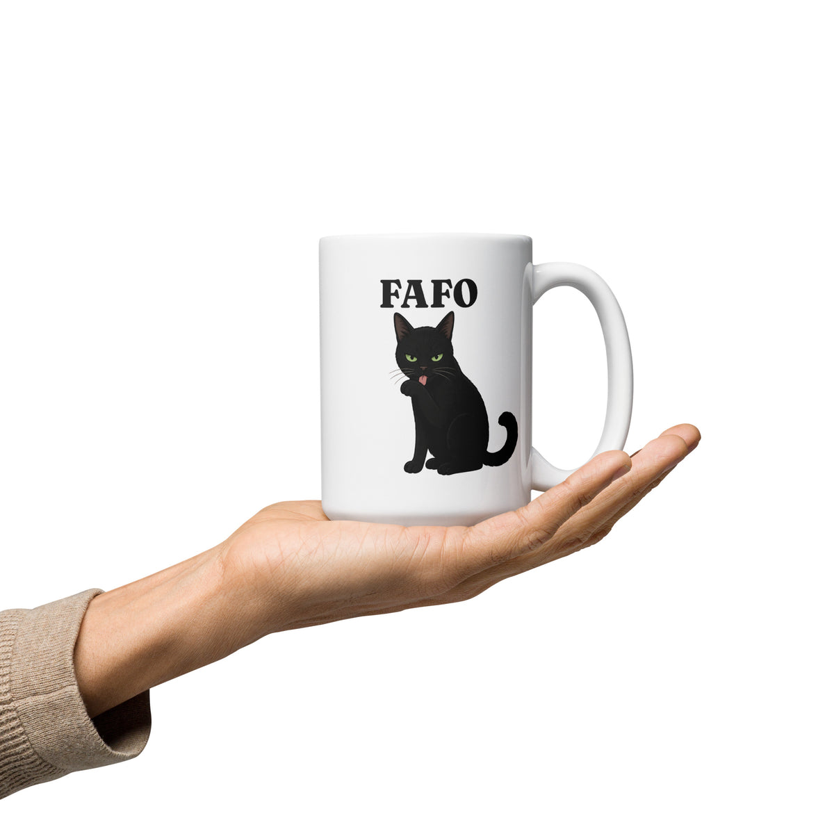 FAFO 15 oz white ceramic mug, handle on the right, showing the illustrated black cat